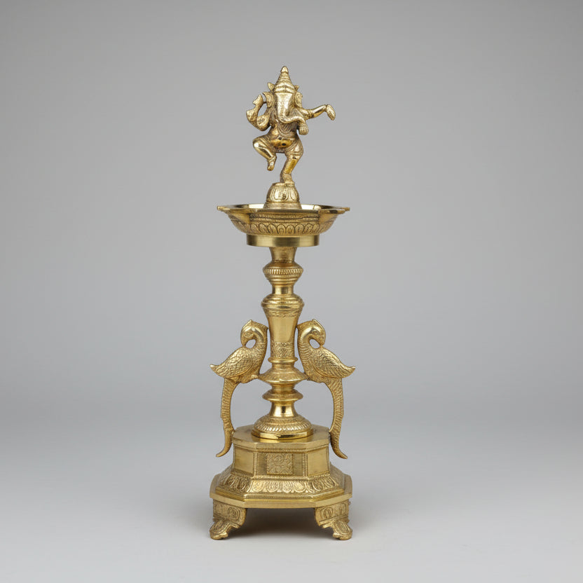 Dancing Ganesh Brass Twin Peacock Samai-One Piece