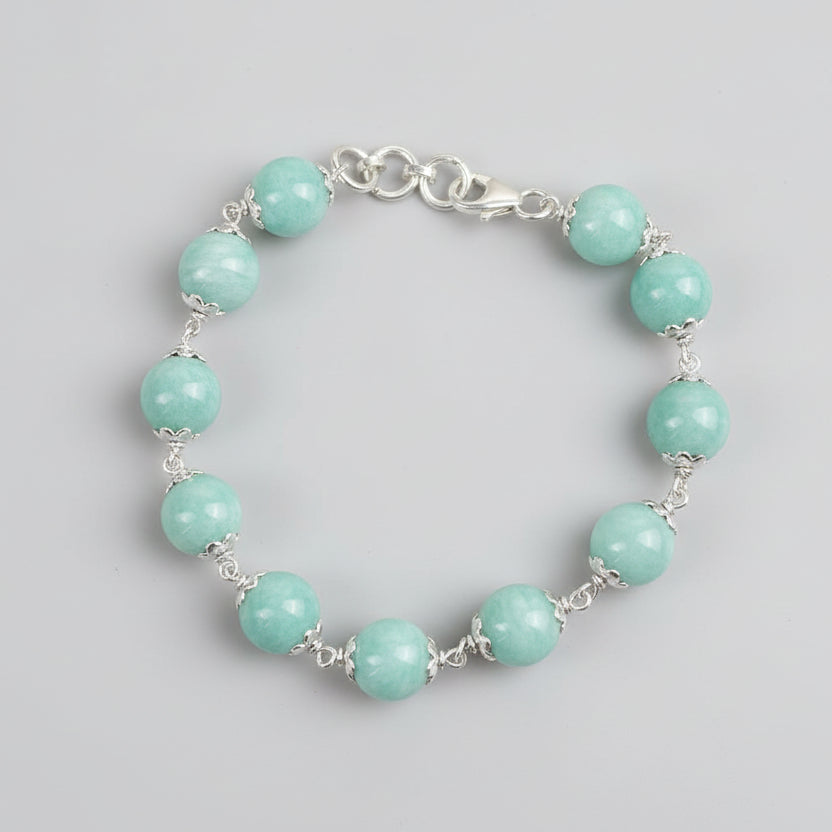 Amazonite Silver Flower Caps Bracelet-10 mm