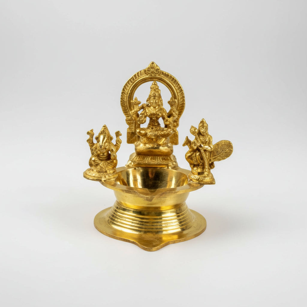 Kamakshi Ganesh And Kartikeya Diya In Brass-One Piece