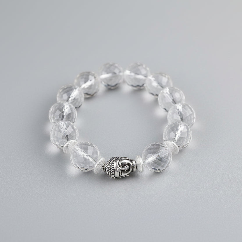 Round Faceted Sphatik Buddha Bracelet in Elastic-8 mm