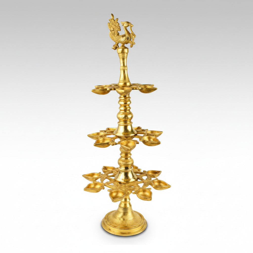 Three Tier Peacock Lamp In Brass