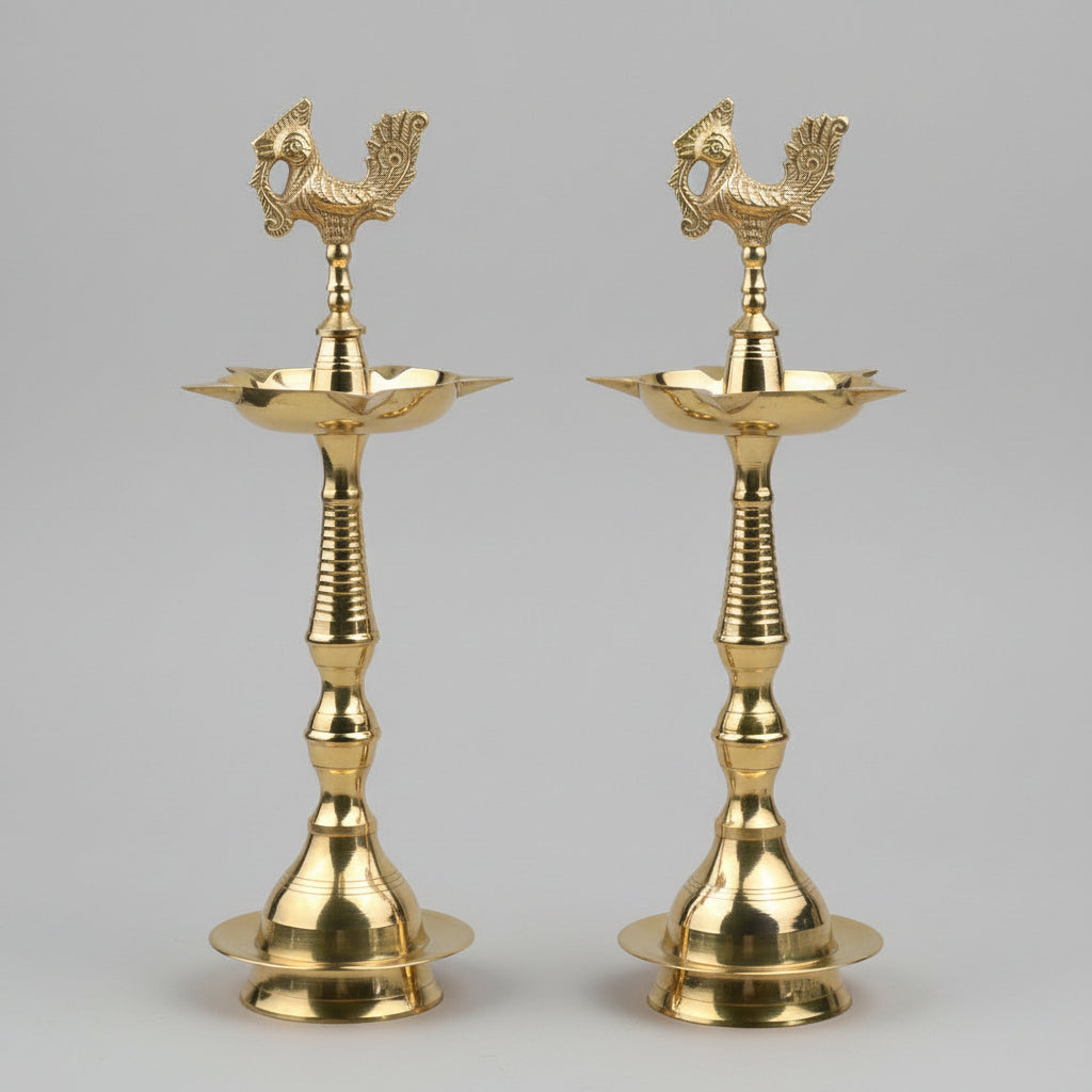 Brass Fancy Kerala Peacock Samai Diya (Set of 2)-Small