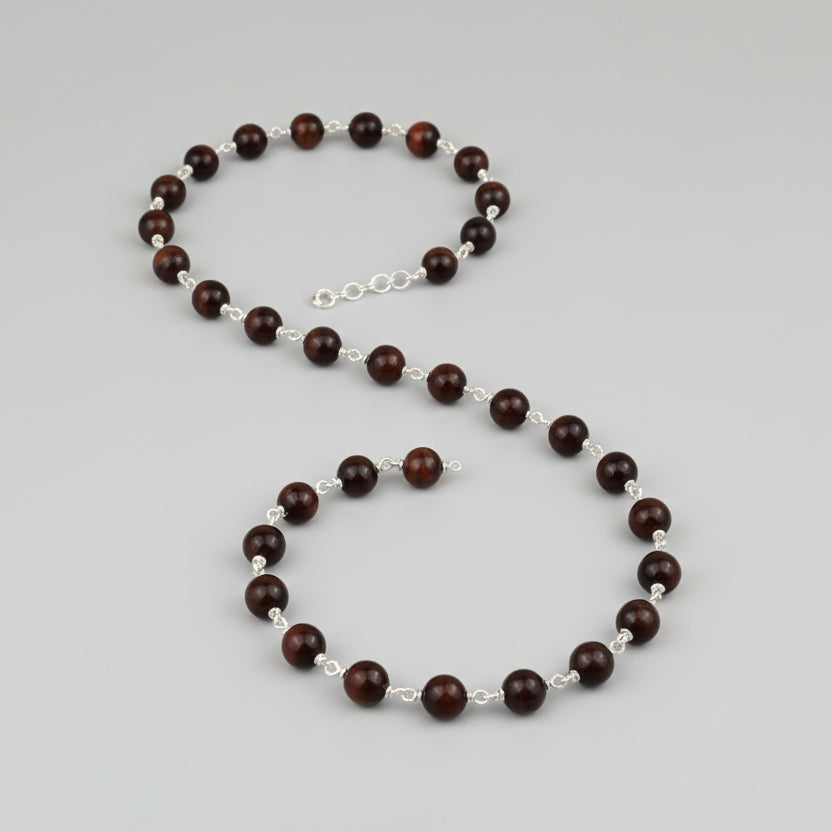 Red Tiger Eye Round Beads 925 Silver Wire Mala