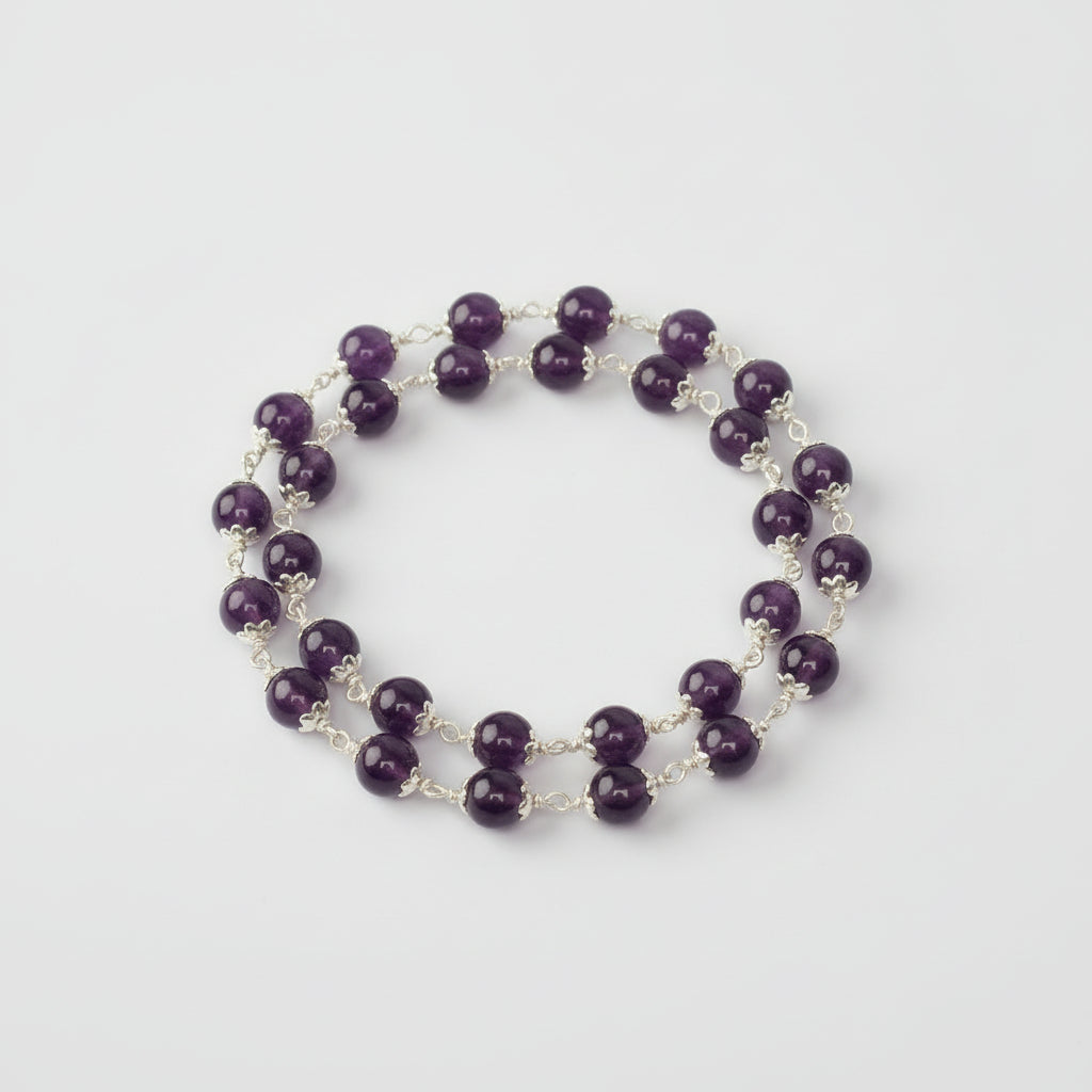 Amethyst Beads Mala in Pure Silver Flower Caps-54+1 (Bead Size: 8 mm)