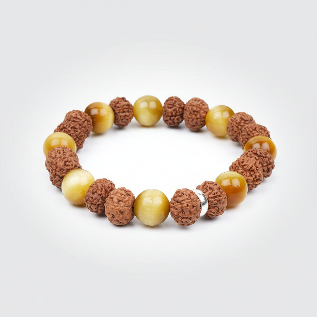 Brown Cats Eye & 8 Mukhi Rudraksha Bracelet-8 mm