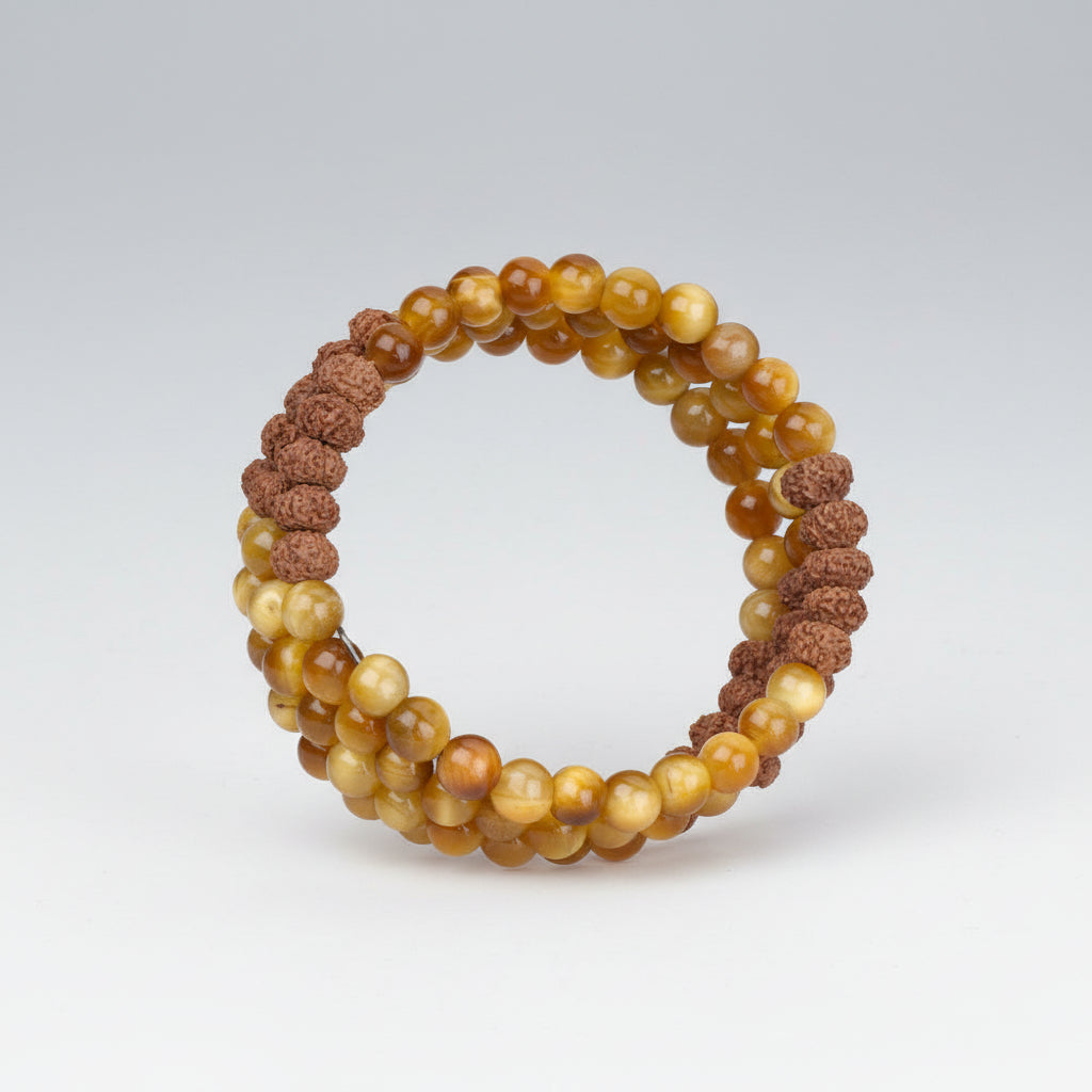 Brown Cats Eye & 8 Mukhi Rudraksha Spiral Stack Bracelet-6 mm