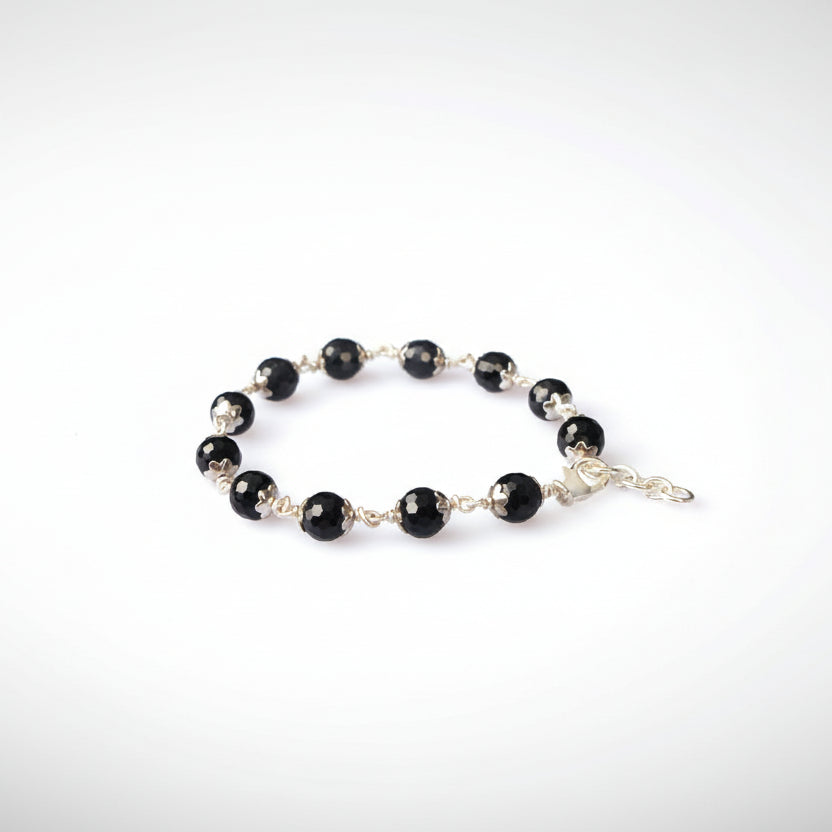 Blue Sapphire Faceted Bracelet in Pure Silver Flower Caps (7 mm)