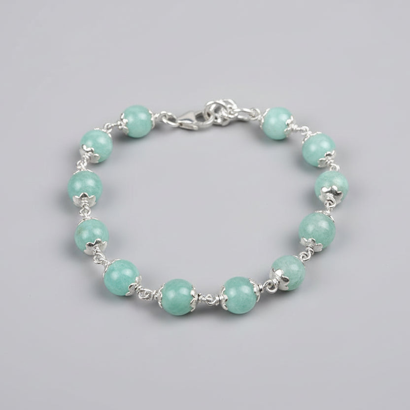 Amazonite Silver Flower Caps Bracelet-10 mm
