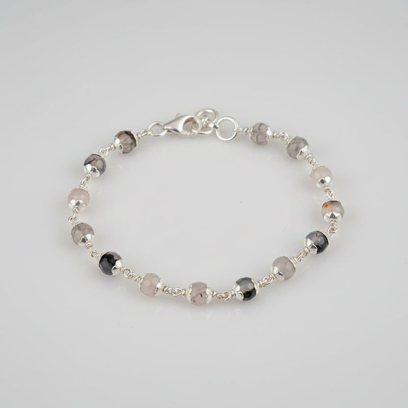 Smoky Quartz Faceted Silver Flower Caps Bracelet-10 mm