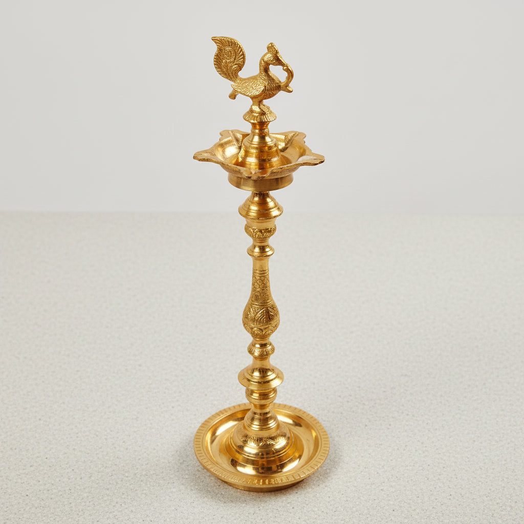 Peacock Samai Oil Lamp In Brass-One Piece
