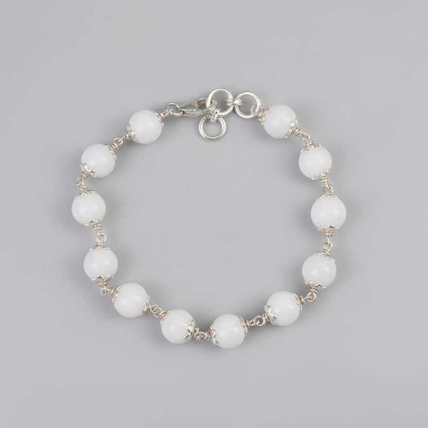 White Agate Silver Flower Caps Bracelet