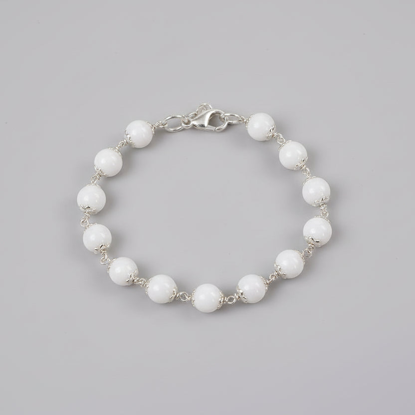 White Agate Silver Flower Caps Bracelet