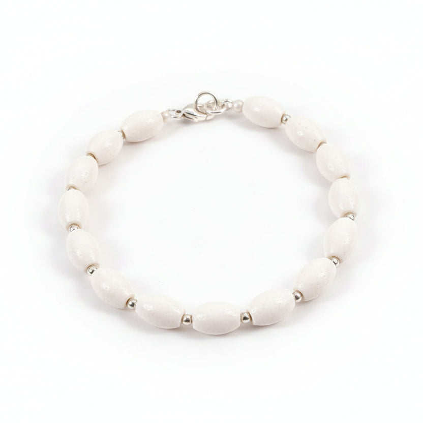 White Coral Drum Shape Silver Balls Bracelet