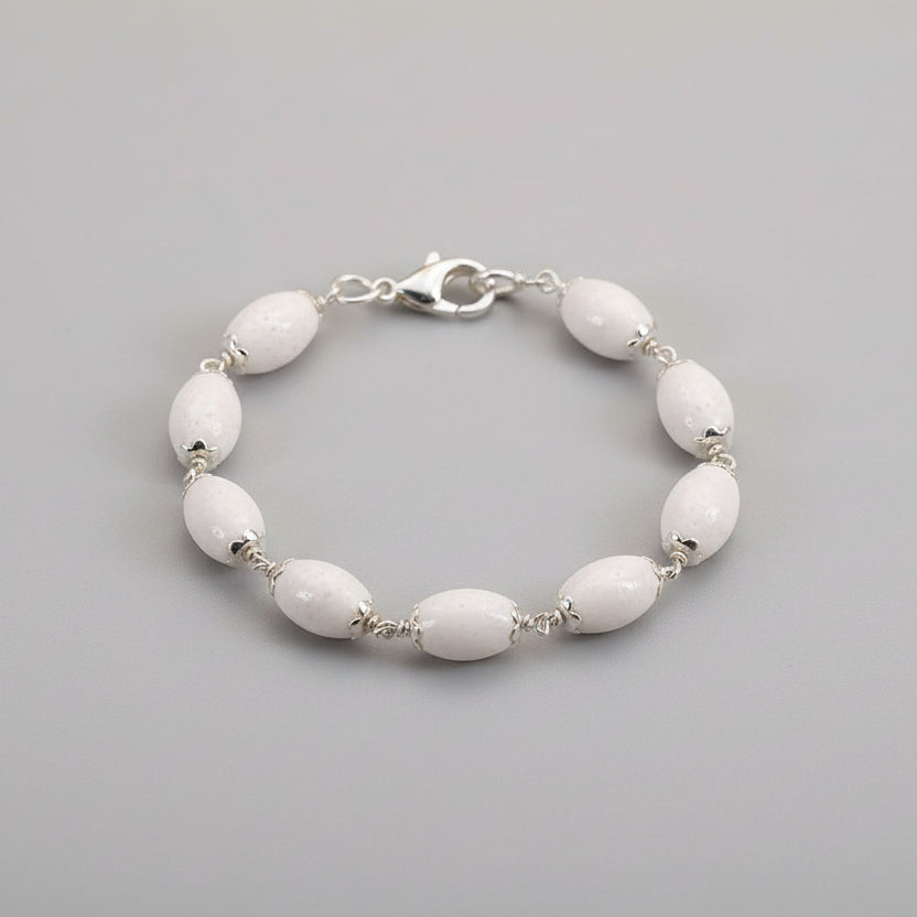 White Coral Drum Shape Silver Flower Caps Bracelet