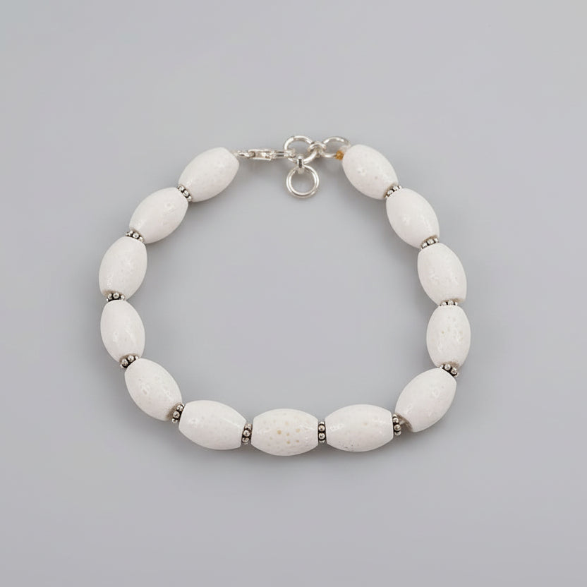White Coral Drum Shape Silver Chakri Bracelet