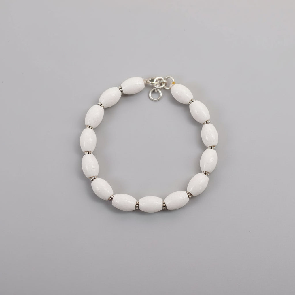 White Coral Drum Shape Silver Chakri Bracelet