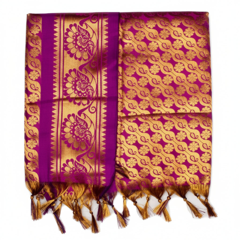 Golden Flower Design Silk PUJA Shawl-Royal Blue