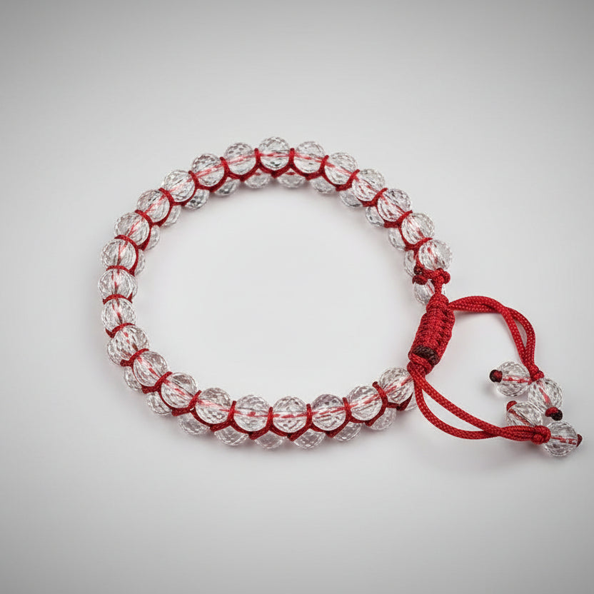 Round Faceted Sphatik Double Turn Bracelet-Red Thread
