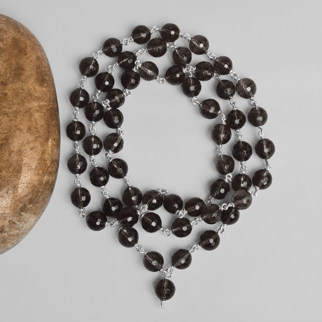 Faceted Smoky Quartz 925 Silver Wire Mala-4 mm