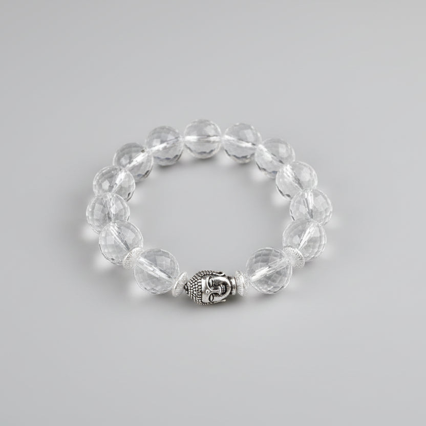 Round Faceted Sphatik Buddha Bracelet in Elastic-10 mm