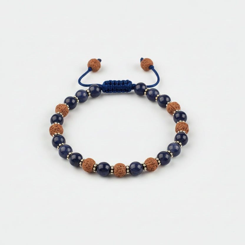 Blue Sapphire & Rudraksha Bracelet With 925 Silver Chakri & Adjustable Thread