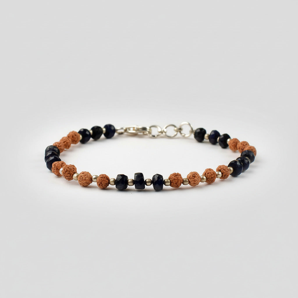 Blue Sapphire (Faceted Button Shape) & Rudraksha 925 Silver Balls Bracelet