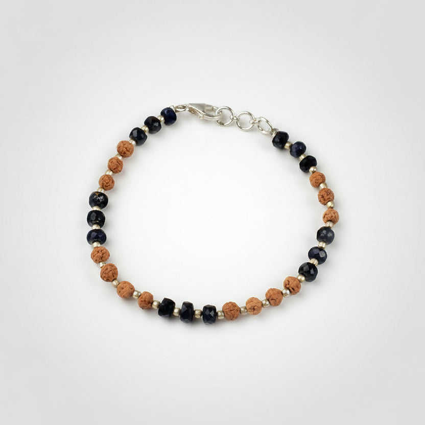 Blue Sapphire (Faceted Button Shape) & Rudraksha 925 Silver Balls Bracelet