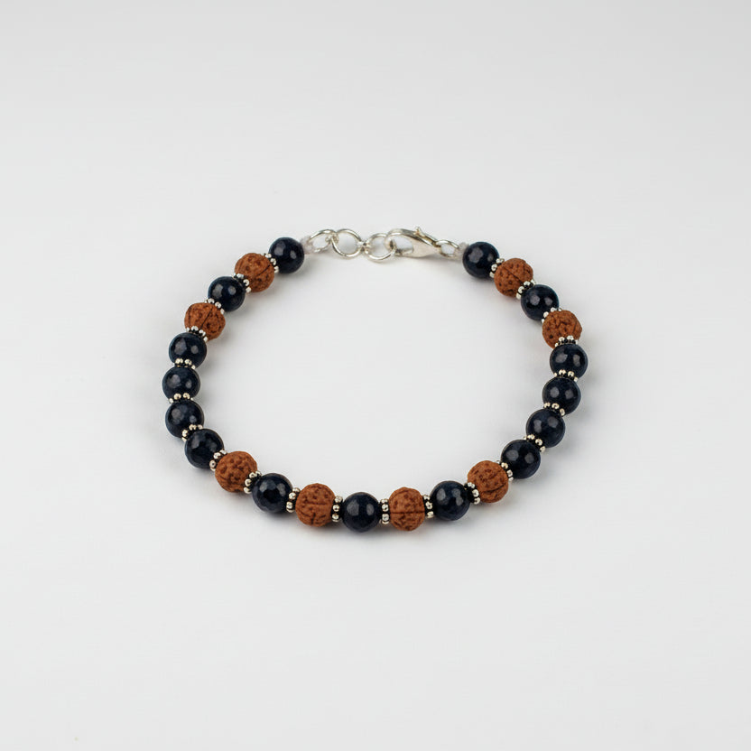 Faceted Blue Sapphire & Rudraksha Silver Chakri Bracelet