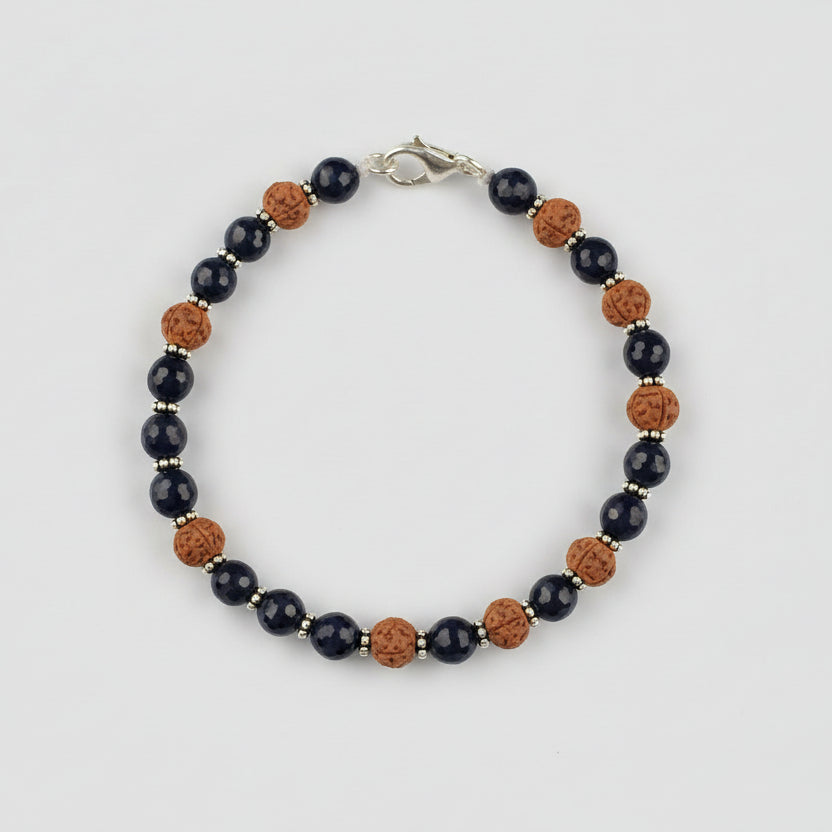 Faceted Blue Sapphire & Rudraksha Silver Chakri Bracelet
