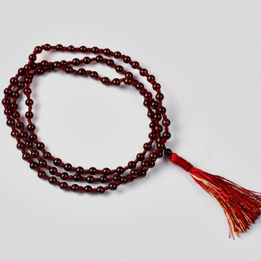 Hessonite Garnet Round Beads Mala With Knots-8 mm