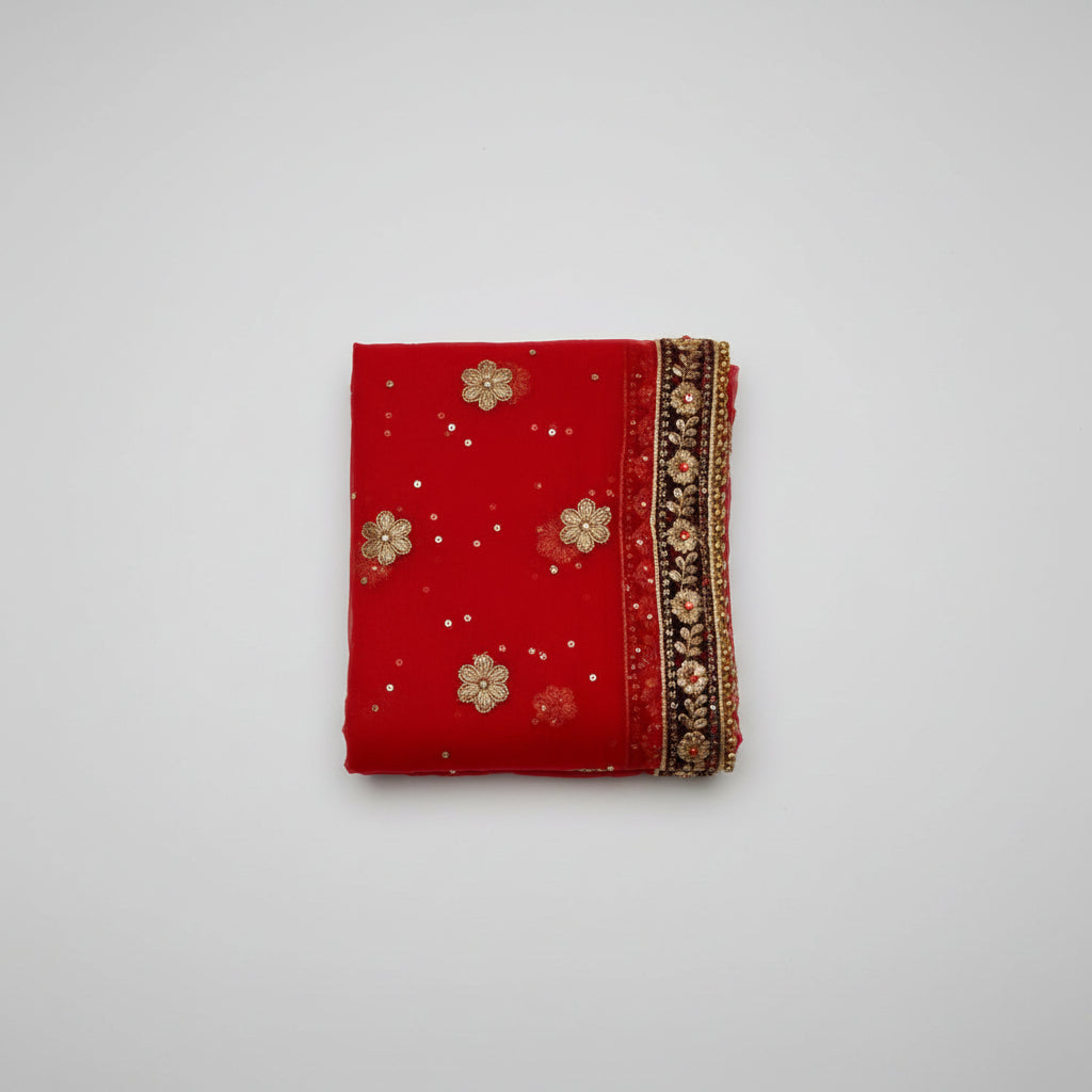 Durga Mata Chunni Golden Border Flower Latkan-Red