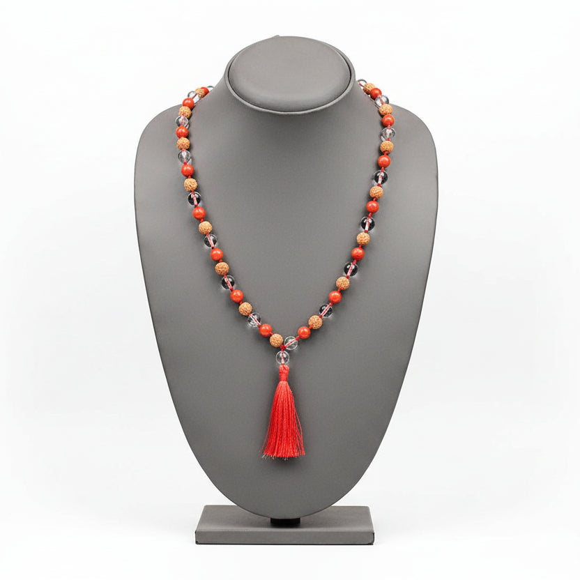 Coral 6 Mukhi Rudraksha & Sphatik Mala-6 mm