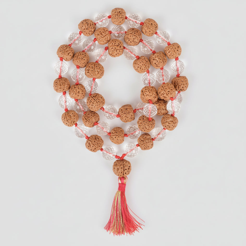 Premium 5 Mukhi Rudraksha & Faceted Sphatik Mala-14 mm