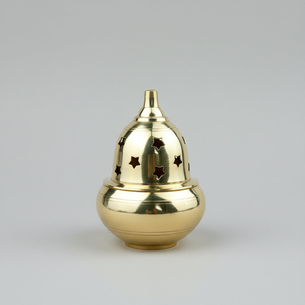 Brass Apple Shape Diya with Star Pattern Cover-Small-Gold Finish