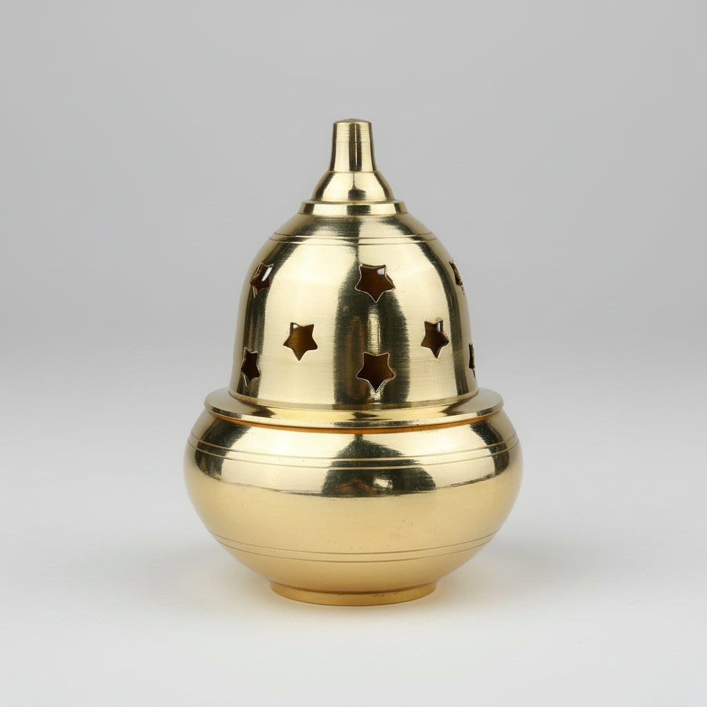 Brass Apple Shape Diya with Star Pattern Cover-Large-Antique Finish