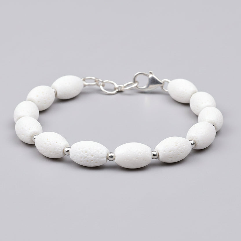 White Coral Drum Shape Beads 925 Silver Ball Bracelet