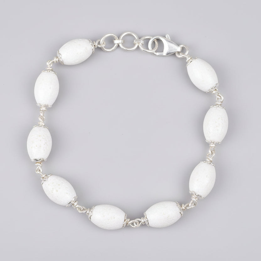 White Coral Drum Shape Beads 925 Silver Flower Caps Bracelet