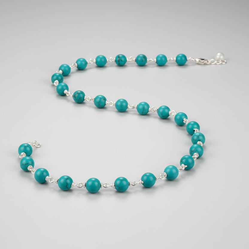 Turquoise Firoza 925 Silver Wire Mala-6 mm