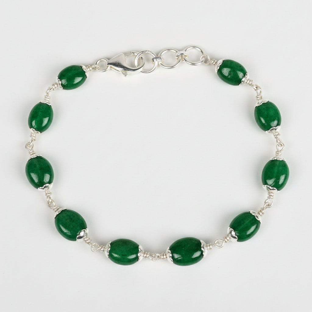 Emerald Oval Beads 925 Silver Flower Caps Bracelet - 38.80 Carats