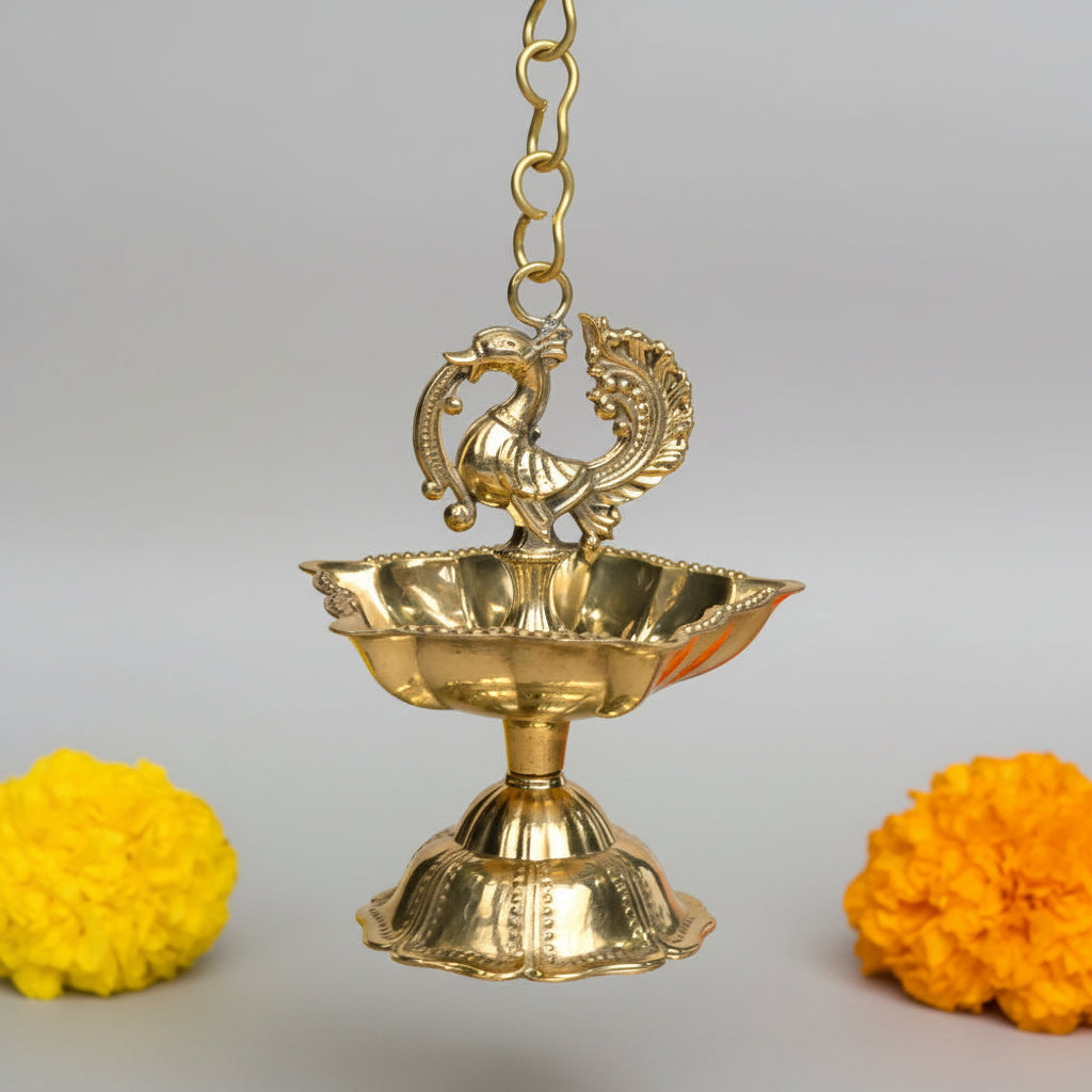 Hanging Panch Batti Peacock Brass Diya