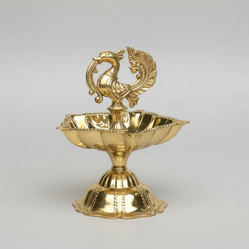 Panch Batti Standing Peacock Brass Diya