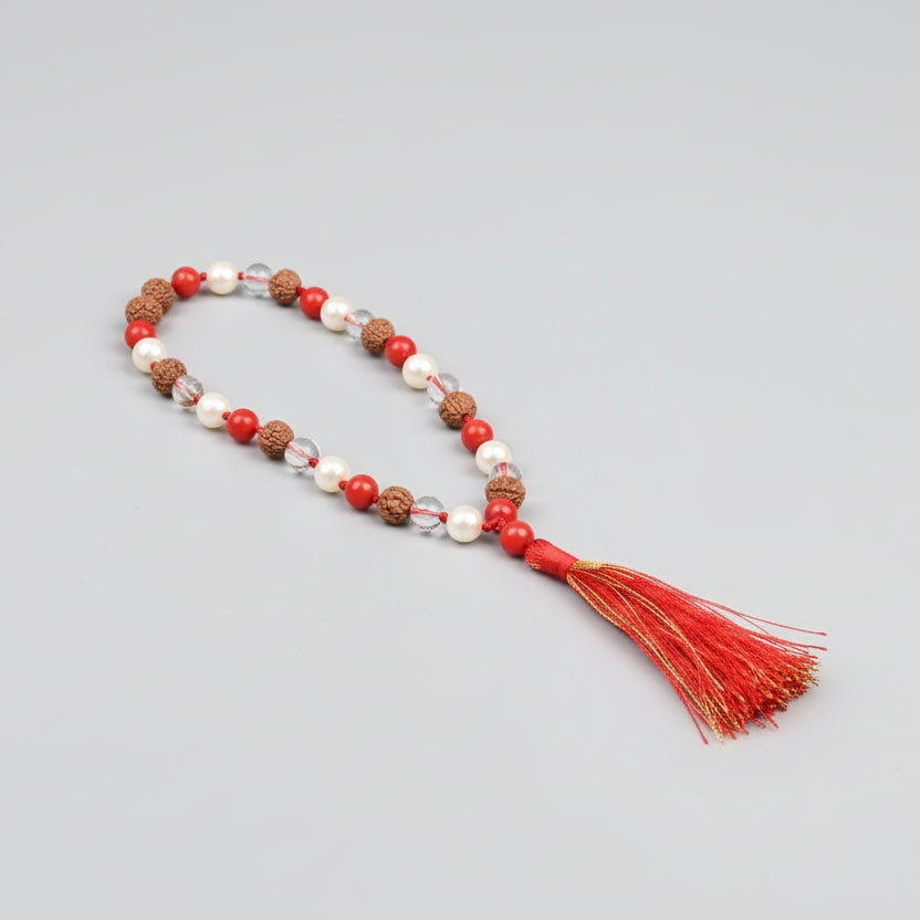 Coral 6 Mukhi Rudraksha Sphatik & Pearl Mala-6 mm