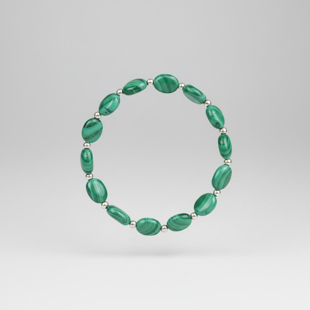 Malachite Oval German Silver Ball Bracelet-12 mm