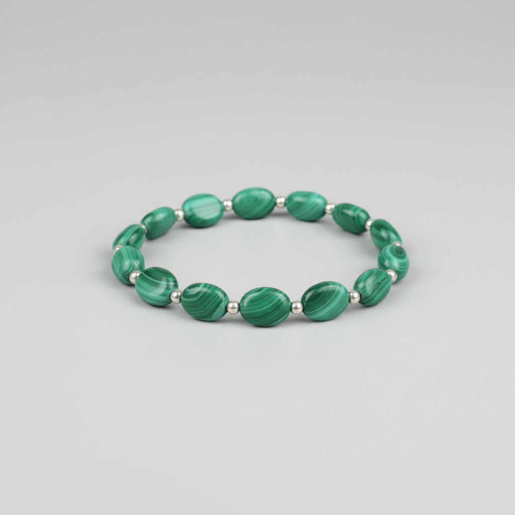 Malachite Oval German Silver Ball Bracelet-8 mm