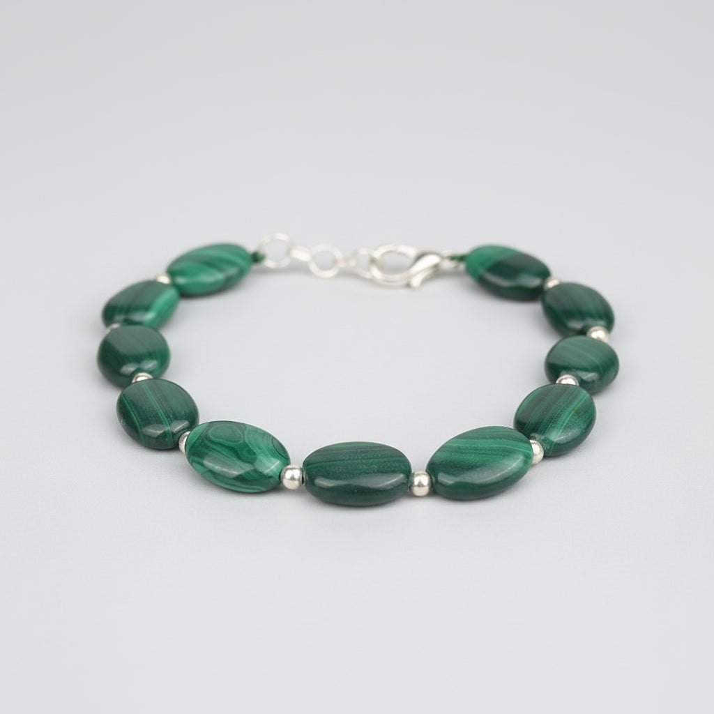 Malachite Oval German Silver Ball Bracelet-12 mm