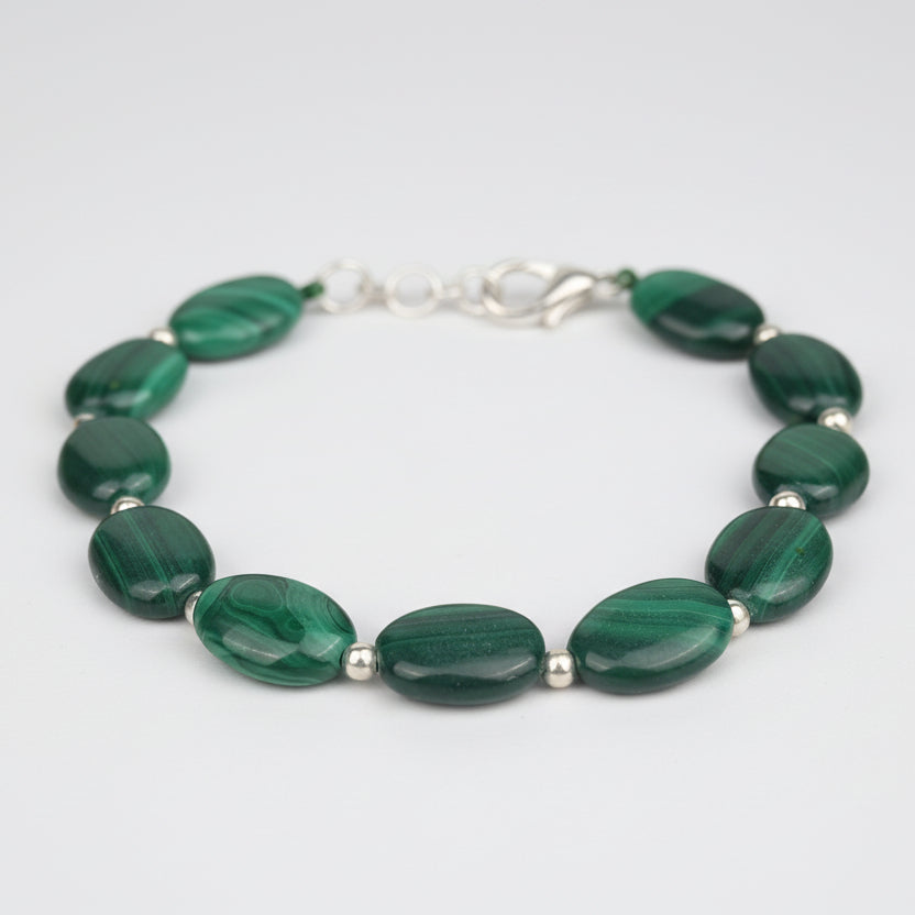 Malachite Oval German Silver Ball Bracelet-8 mm