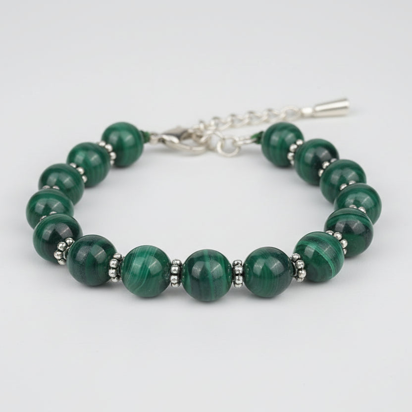 Malachite Silver Chakri Bracelet-10 mm