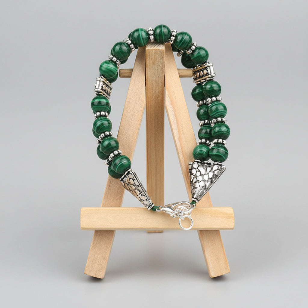 Malachite Silver Chakri Double Layer Bracelet-6 mm