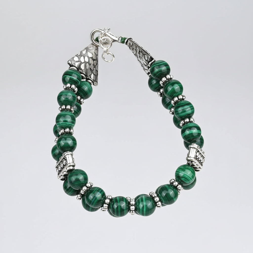 Malachite Silver Chakri Double Layer Bracelet-6 mm