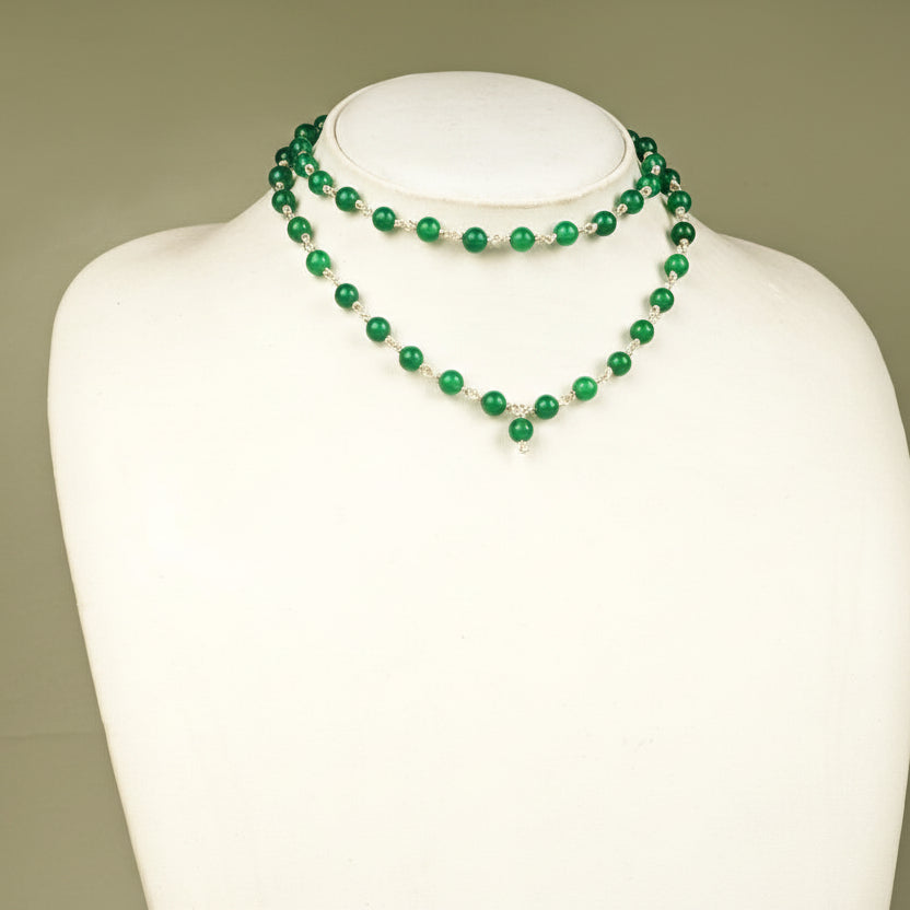 Green Onyx 925 Silver Wire Mala-8 mm